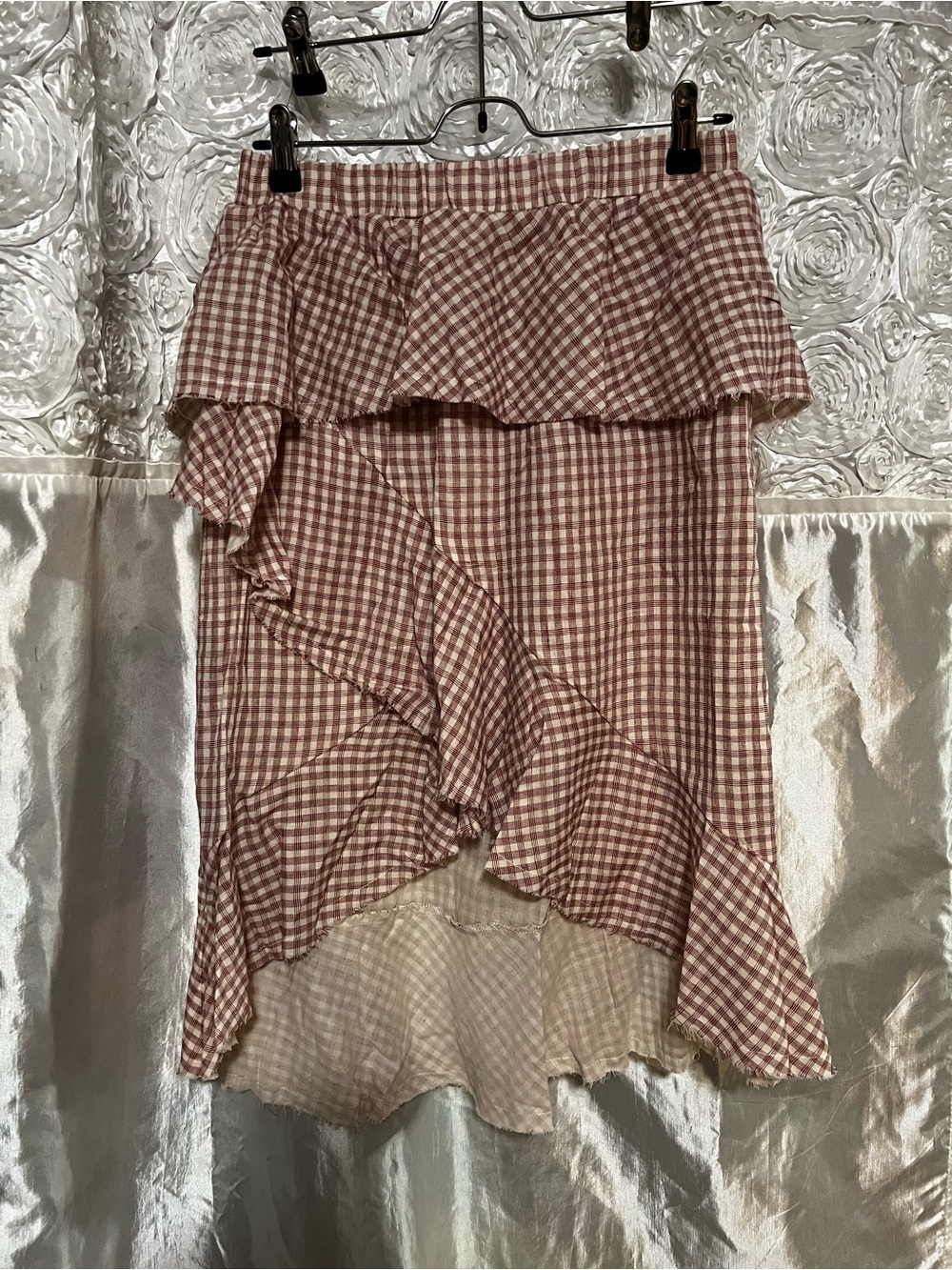 Moon River Mauve Pink Gingham Asymmetrical Ruffle Skirt